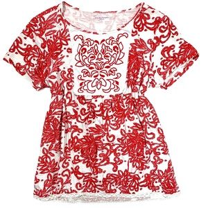 Boho Babydoll Embroidered Red Blouse Shirt Large
